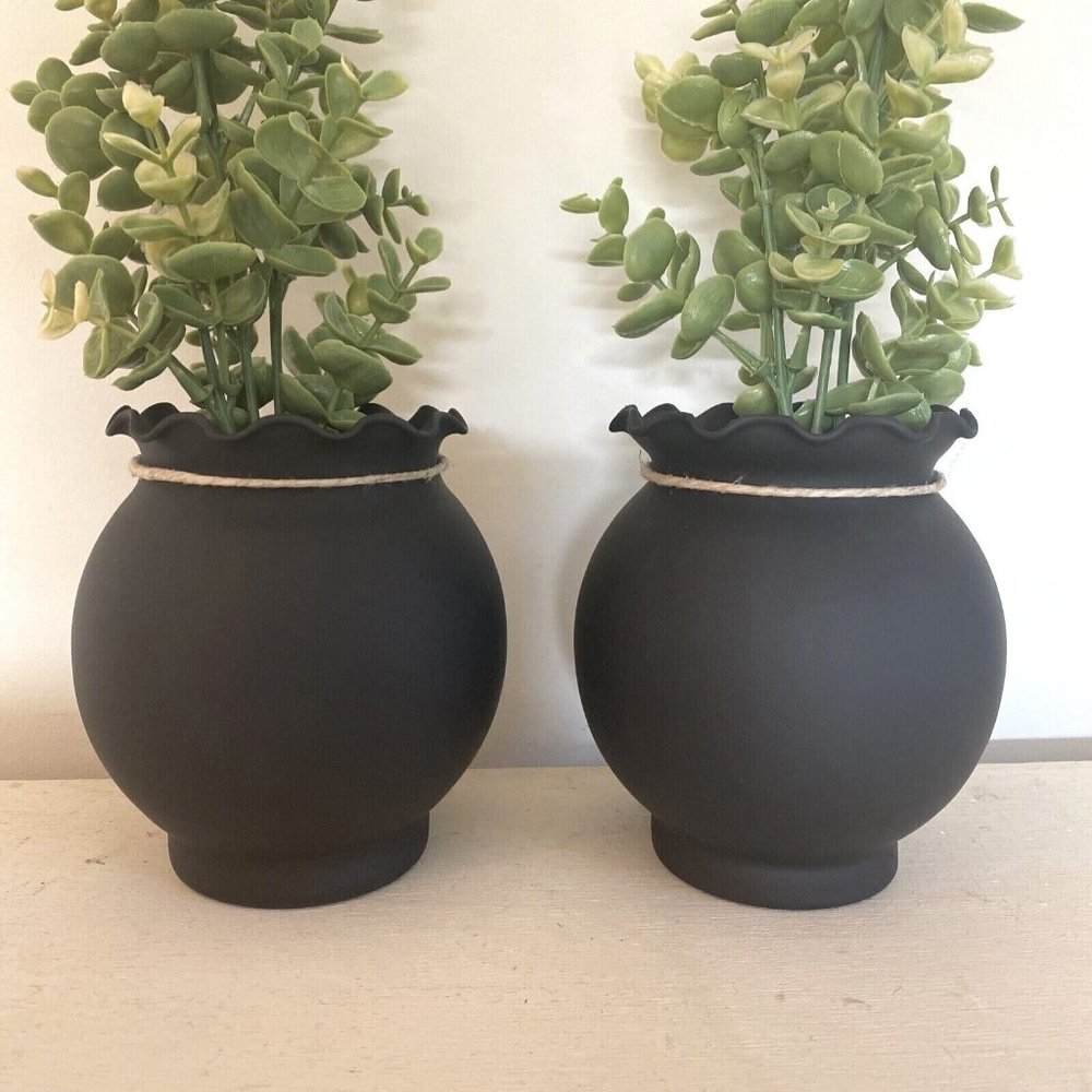 2 Matte Black Vases Small Bud 5.5" Hand Painted Plant Pot Rope Accent Boho